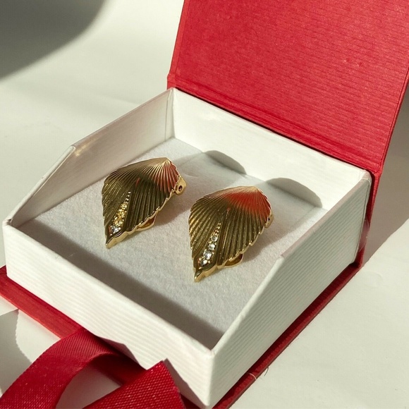 Vintage Christian Dior Clip-on Gold Leaf Earrings with Swarovski Crystal Accents - Picture 1 of 6